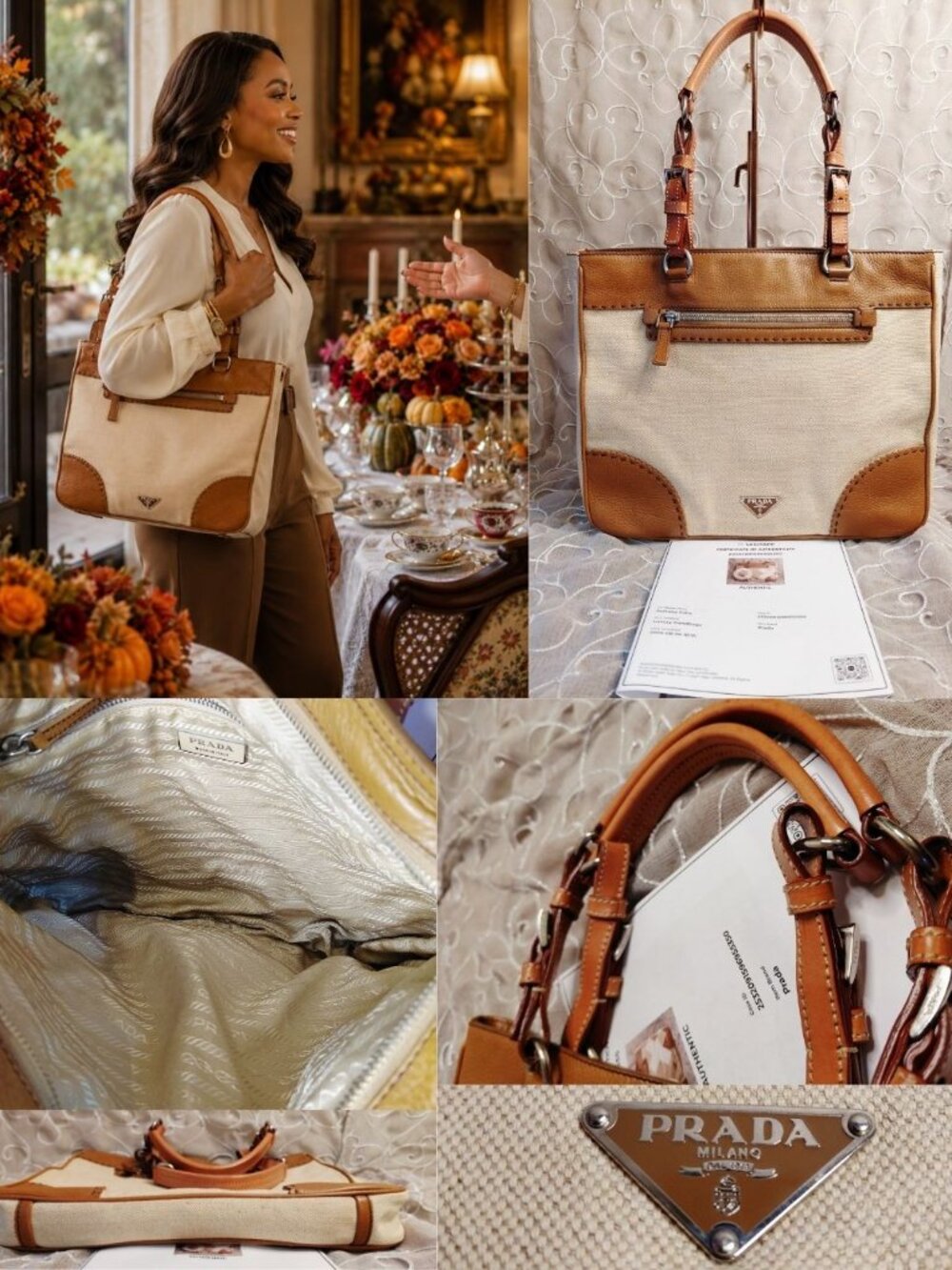 Vintage Prada Canapa Cream Canvas & Brown Leather Shoulder Bag Tote